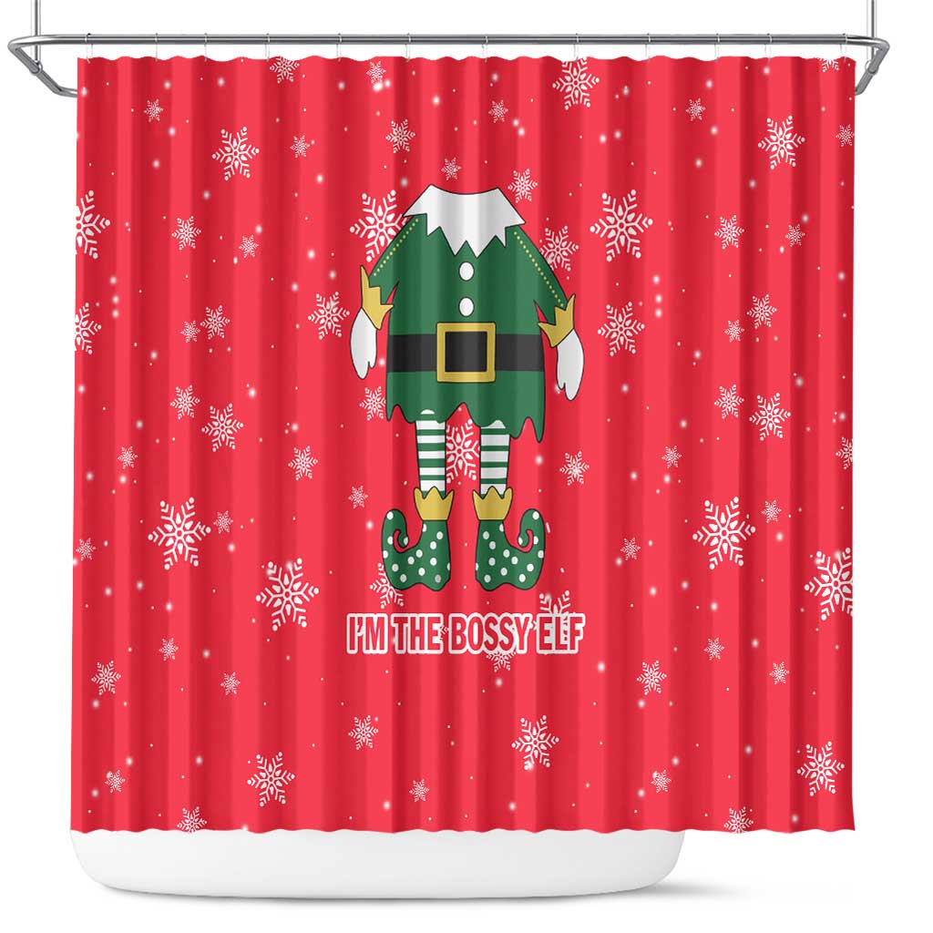 Bossy Elf Christmas Shower Curtain with Snowflakes and Striped Sleeves - Wonder Print Shop