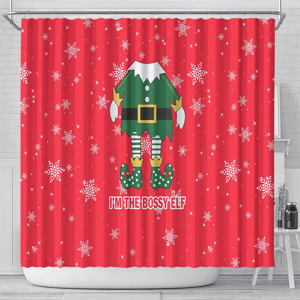 Bossy Elf Christmas Shower Curtain with Snowflakes and Striped Sleeves - Wonder Print Shop