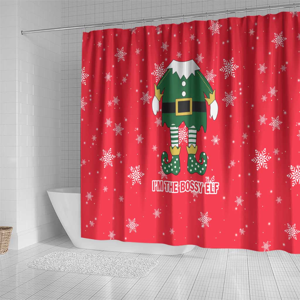 Bossy Elf Christmas Shower Curtain with Snowflakes and Striped Sleeves - Wonder Print Shop