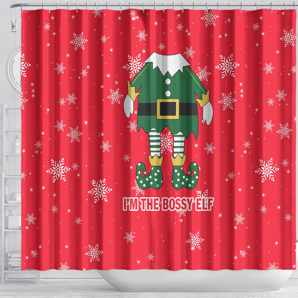 Bossy Elf Christmas Shower Curtain with Snowflakes and Striped Sleeves - Wonder Print Shop