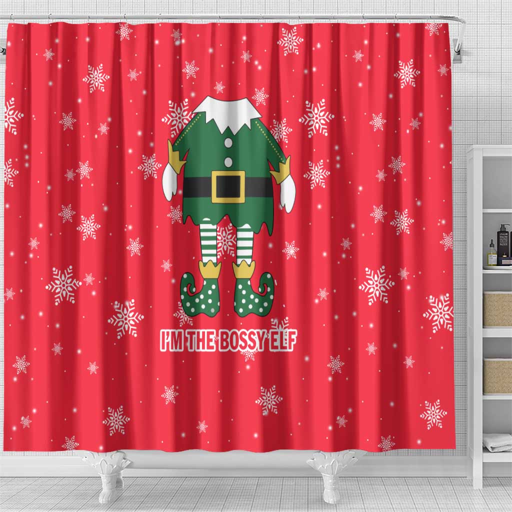 Bossy Elf Christmas Shower Curtain with Snowflakes and Striped Sleeves - Wonder Print Shop