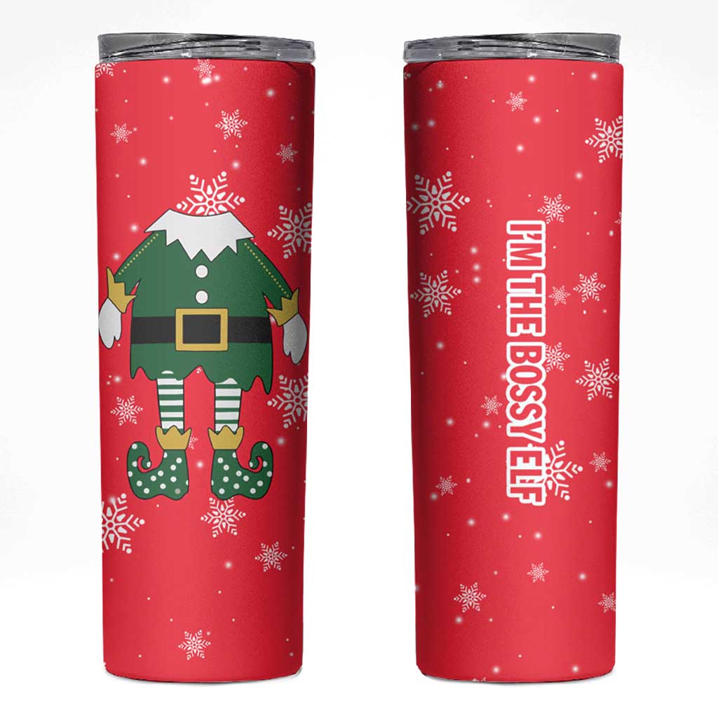 Bossy Elf Christmas Skinny Tumbler with Snowflakes and Striped Sleeves - Wonder Print Shop