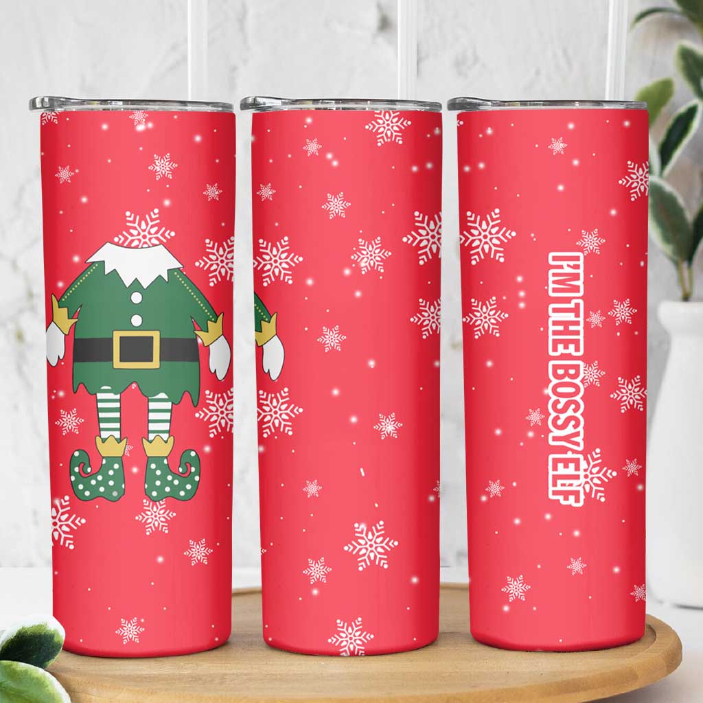 Bossy Elf Christmas Skinny Tumbler with Snowflakes and Striped Sleeves - Wonder Print Shop