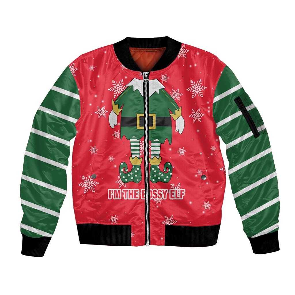 Bossy Elf Christmas Sleeve Zip Bomber Jacket with Snowflakes and Striped Sleeves - Wonder Print Shop