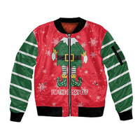 Bossy Elf Christmas Sleeve Zip Bomber Jacket with Snowflakes and Striped Sleeves - Wonder Print Shop