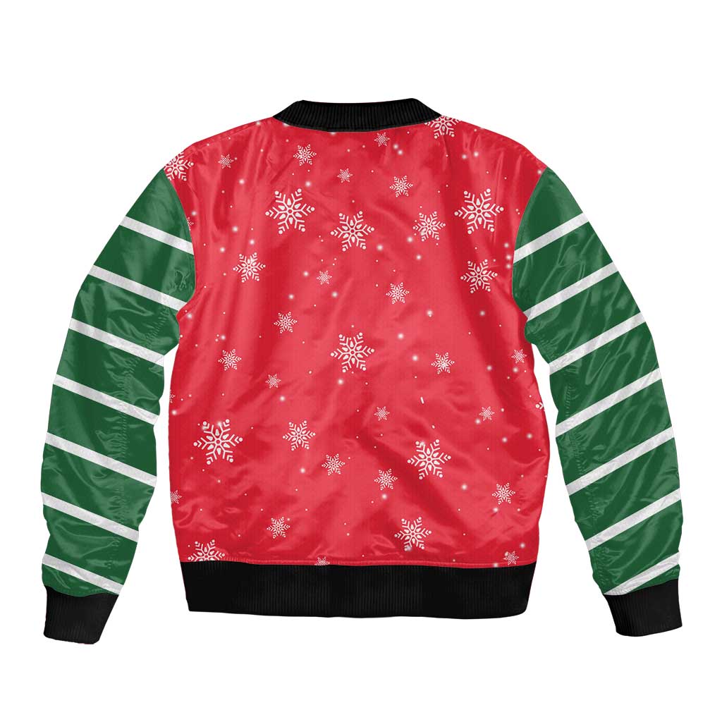 Bossy Elf Christmas Sleeve Zip Bomber Jacket with Snowflakes and Striped Sleeves - Wonder Print Shop