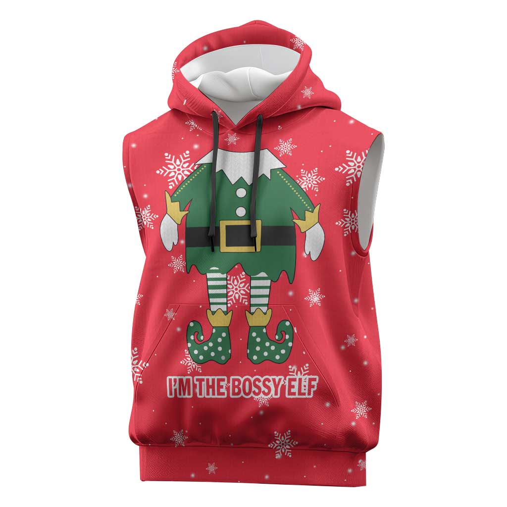Bossy Elf Christmas Sleeveless Hoodie with Snowflakes and Striped Sleeves - Wonder Print Shop