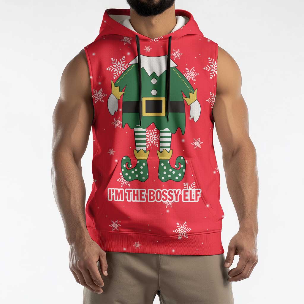 Bossy Elf Christmas Sleeveless Hoodie with Snowflakes and Striped Sleeves - Wonder Print Shop