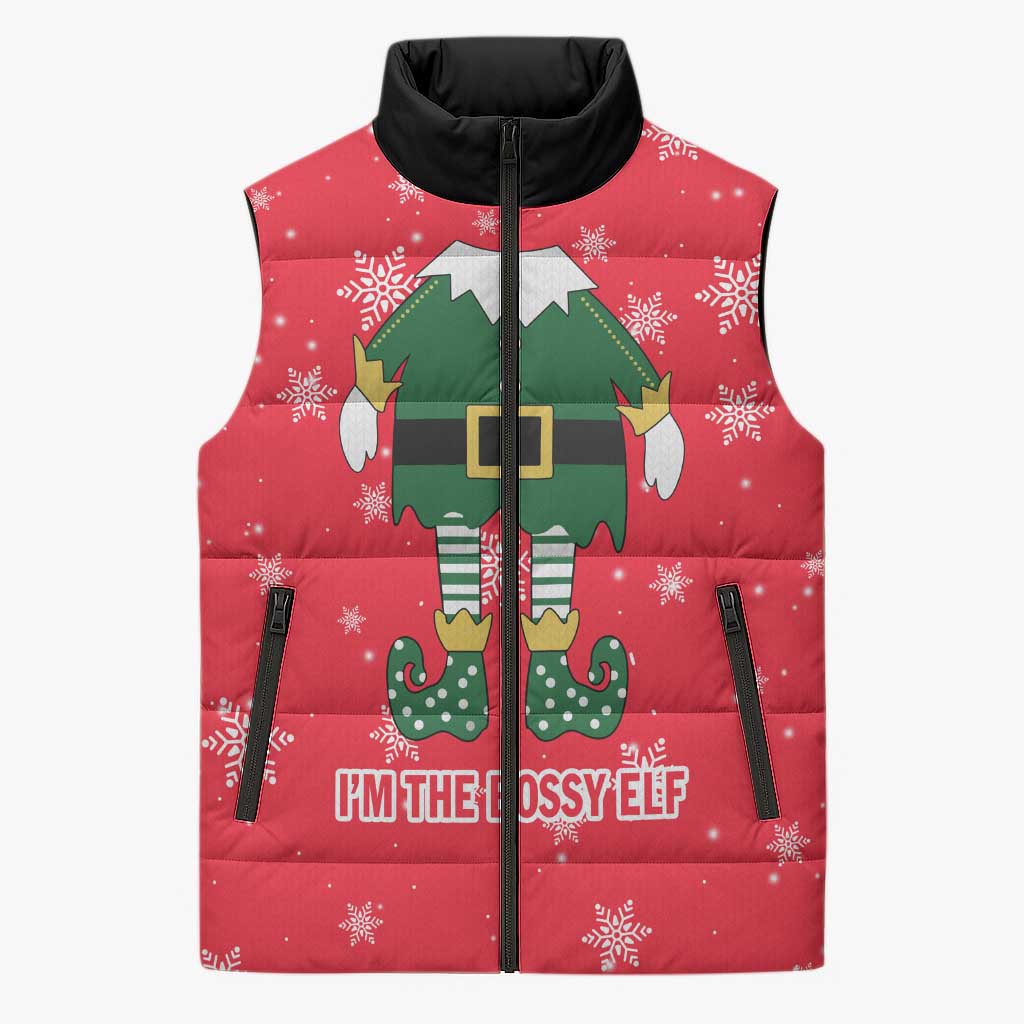 Bossy Elf Christmas Sleeveless Puffer Jacket with Snowflakes and Striped Sleeves - Wonder Print Shop