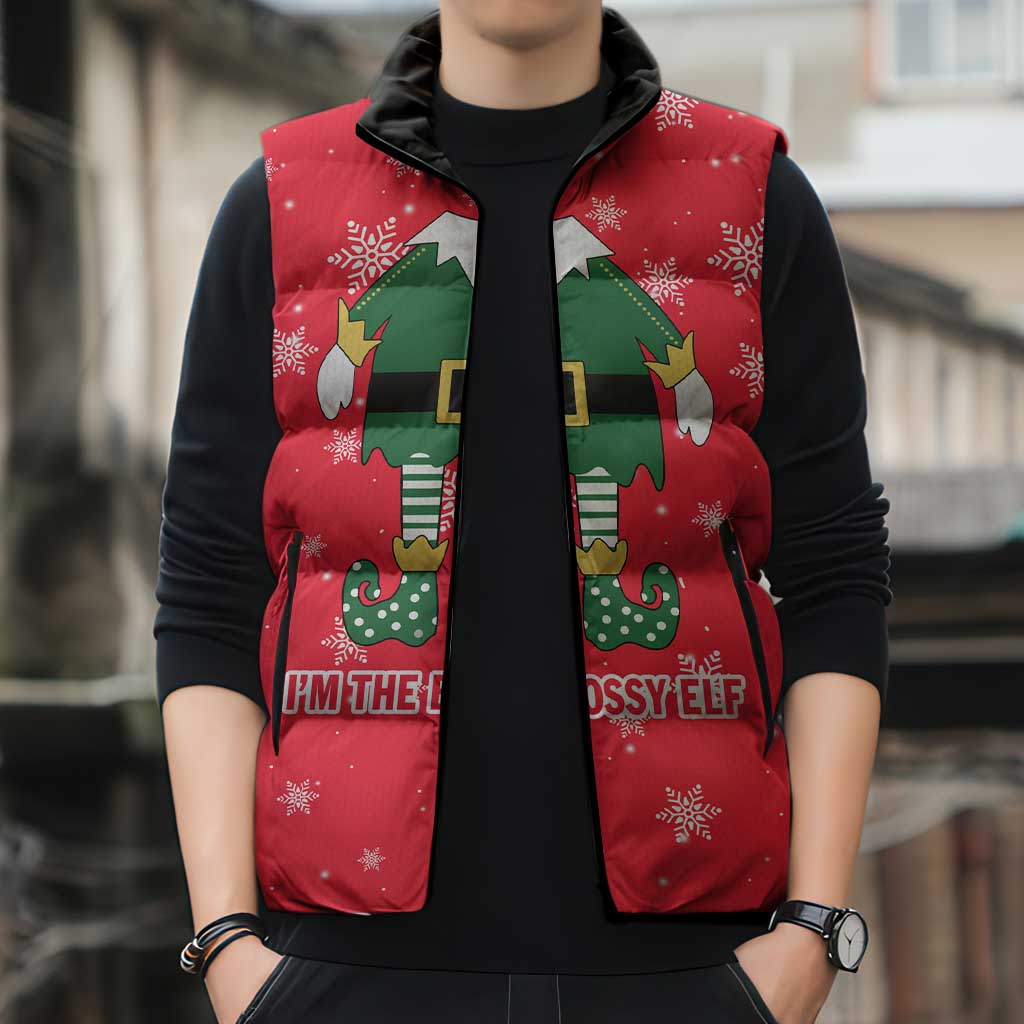 Bossy Elf Christmas Sleeveless Puffer Jacket with Snowflakes and Striped Sleeves - Wonder Print Shop