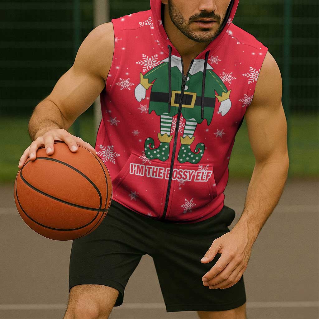 Bossy Elf Christmas Sleeveless Zip Hoodie with Snowflakes and Striped Sleeves - Wonder Print Shop