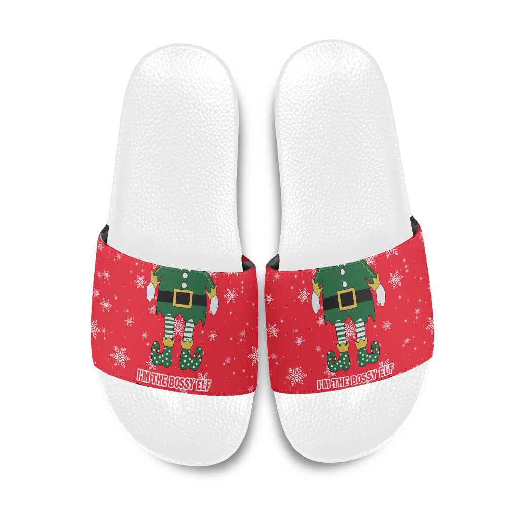 Bossy Elf Christmas Slide Sandals with Snowflakes and Striped Sleeves - Wonder Print Shop