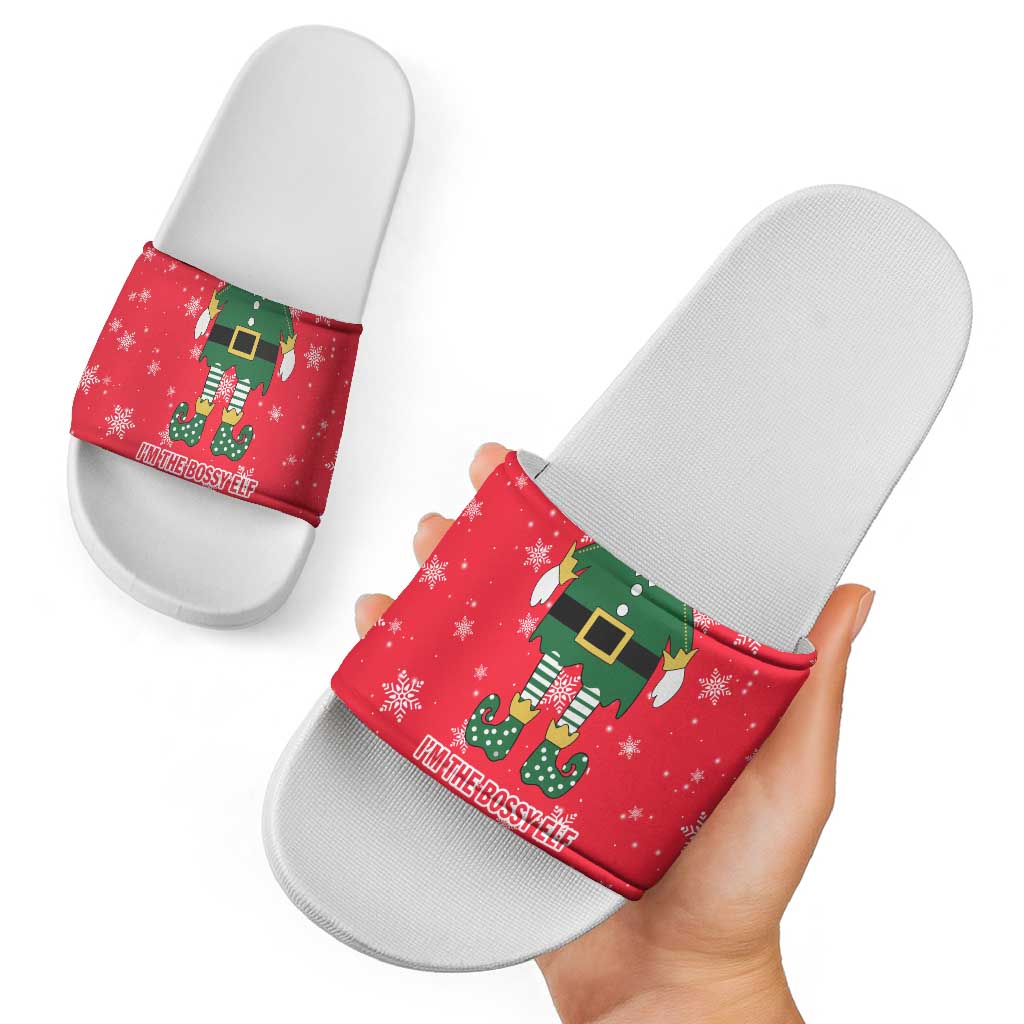 Bossy Elf Christmas Slide Sandals with Snowflakes and Striped Sleeves - Wonder Print Shop