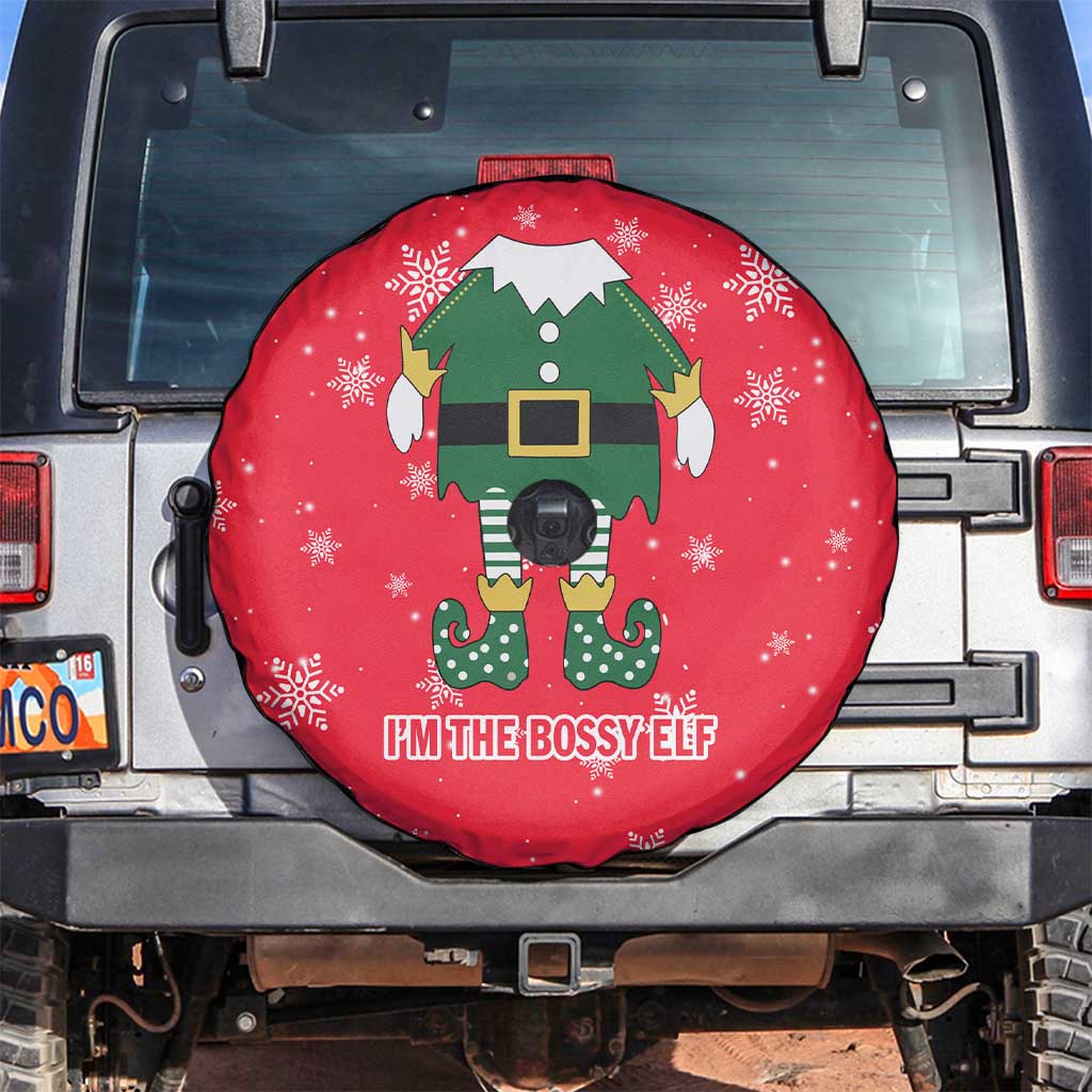 Bossy Elf Christmas Spare Tire Cover with Snowflakes and Striped Sleeves - Wonder Print Shop