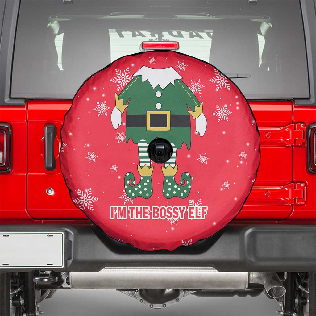 Bossy Elf Christmas Spare Tire Cover with Snowflakes and Striped Sleeves - Wonder Print Shop
