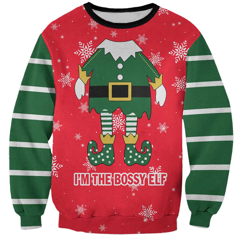 Bossy Elf Christmas Sweatshirt with Snowflakes and Striped Sleeves - Wonder Print Shop