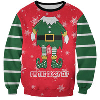 Bossy Elf Christmas Sweatshirt with Snowflakes and Striped Sleeves - Wonder Print Shop