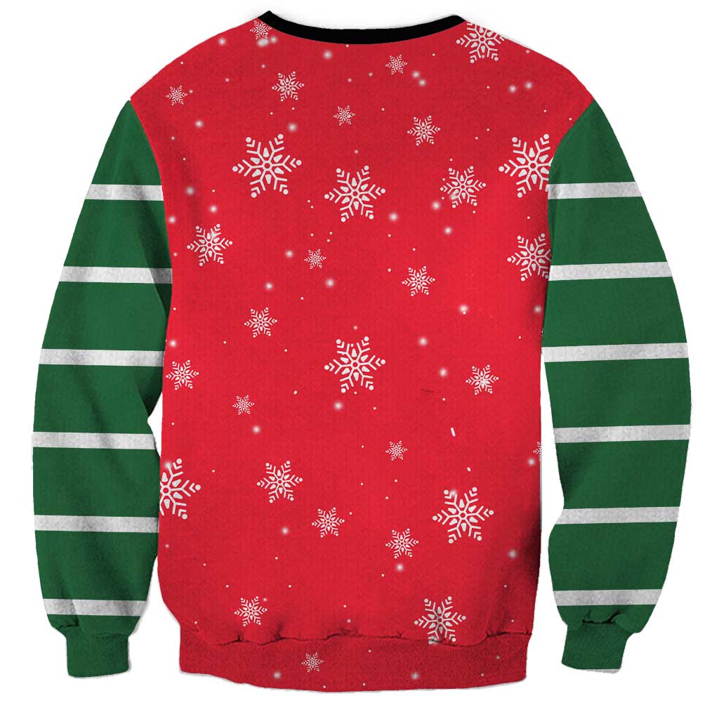 Bossy Elf Christmas Sweatshirt with Snowflakes and Striped Sleeves - Wonder Print Shop