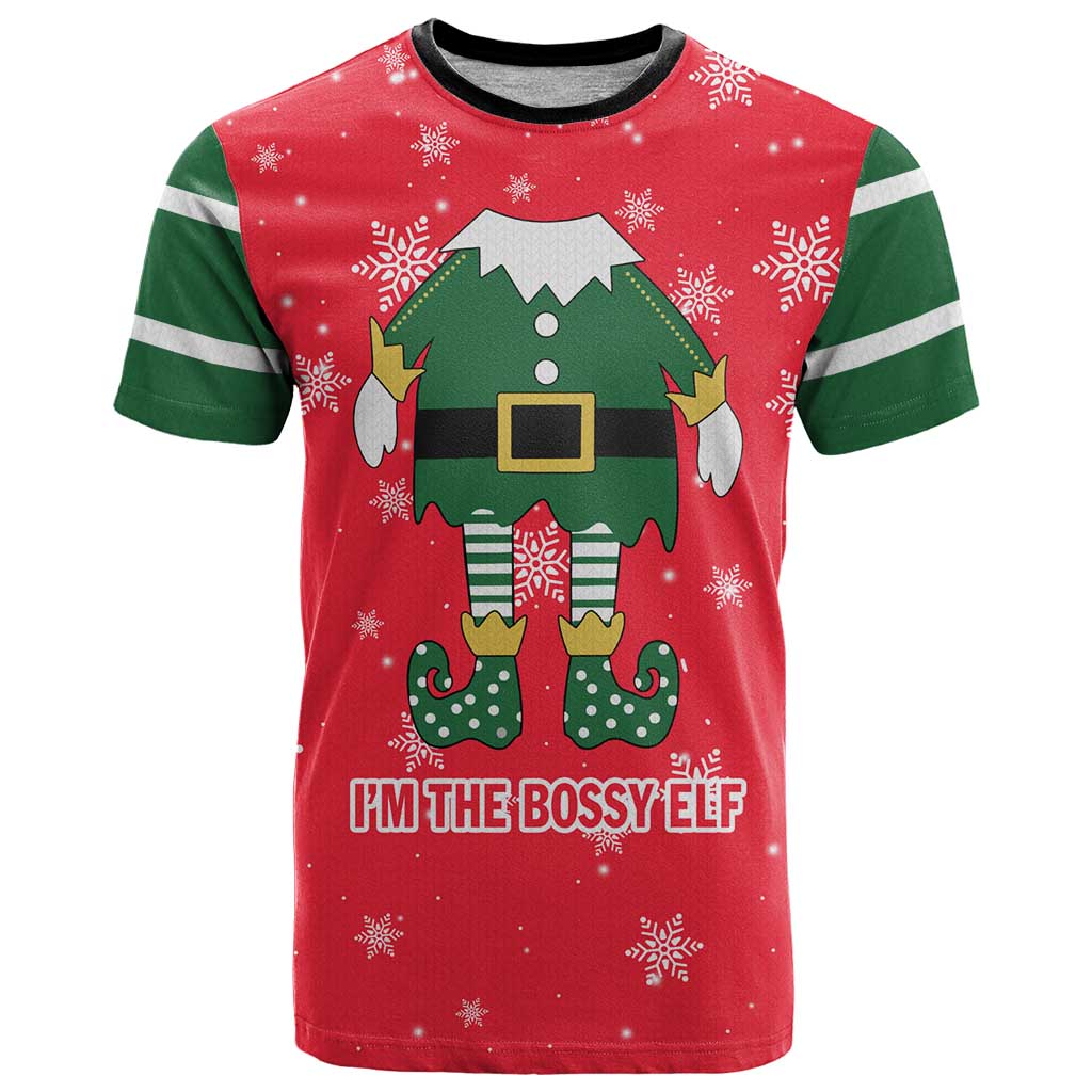Bossy Elf Christmas T Shirt with Snowflakes and Striped Sleeves - Wonder Print Shop