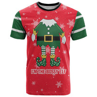 Bossy Elf Christmas T Shirt with Snowflakes and Striped Sleeves - Wonder Print Shop
