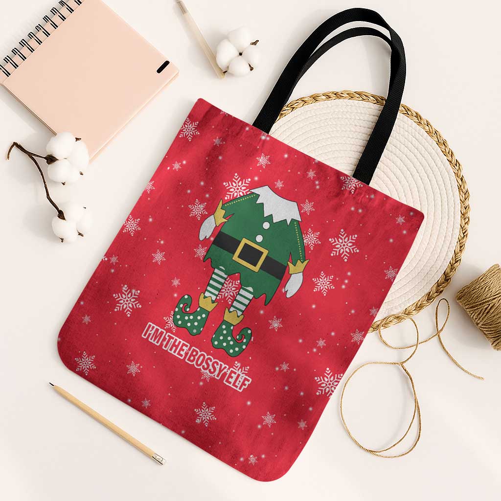 Bossy Elf Christmas Tote Bag with Snowflakes and Striped Sleeves - Wonder Print Shop