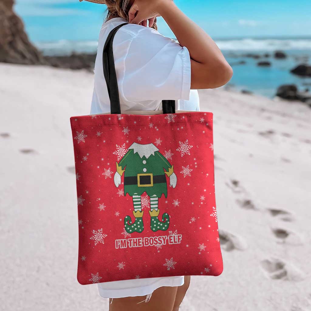 Bossy Elf Christmas Tote Bag with Snowflakes and Striped Sleeves - Wonder Print Shop