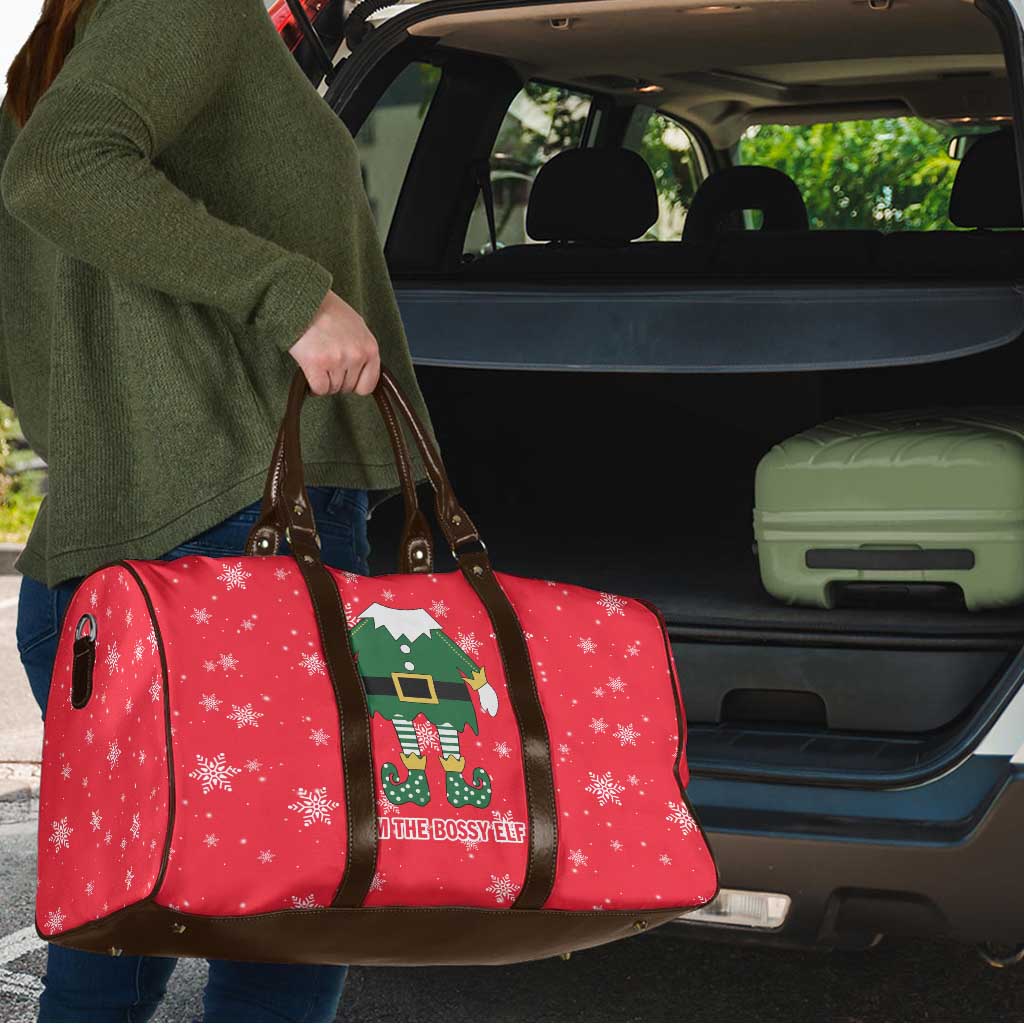 Bossy Elf Christmas Travel Bag with Snowflakes and Striped Sleeves - Wonder Print Shop