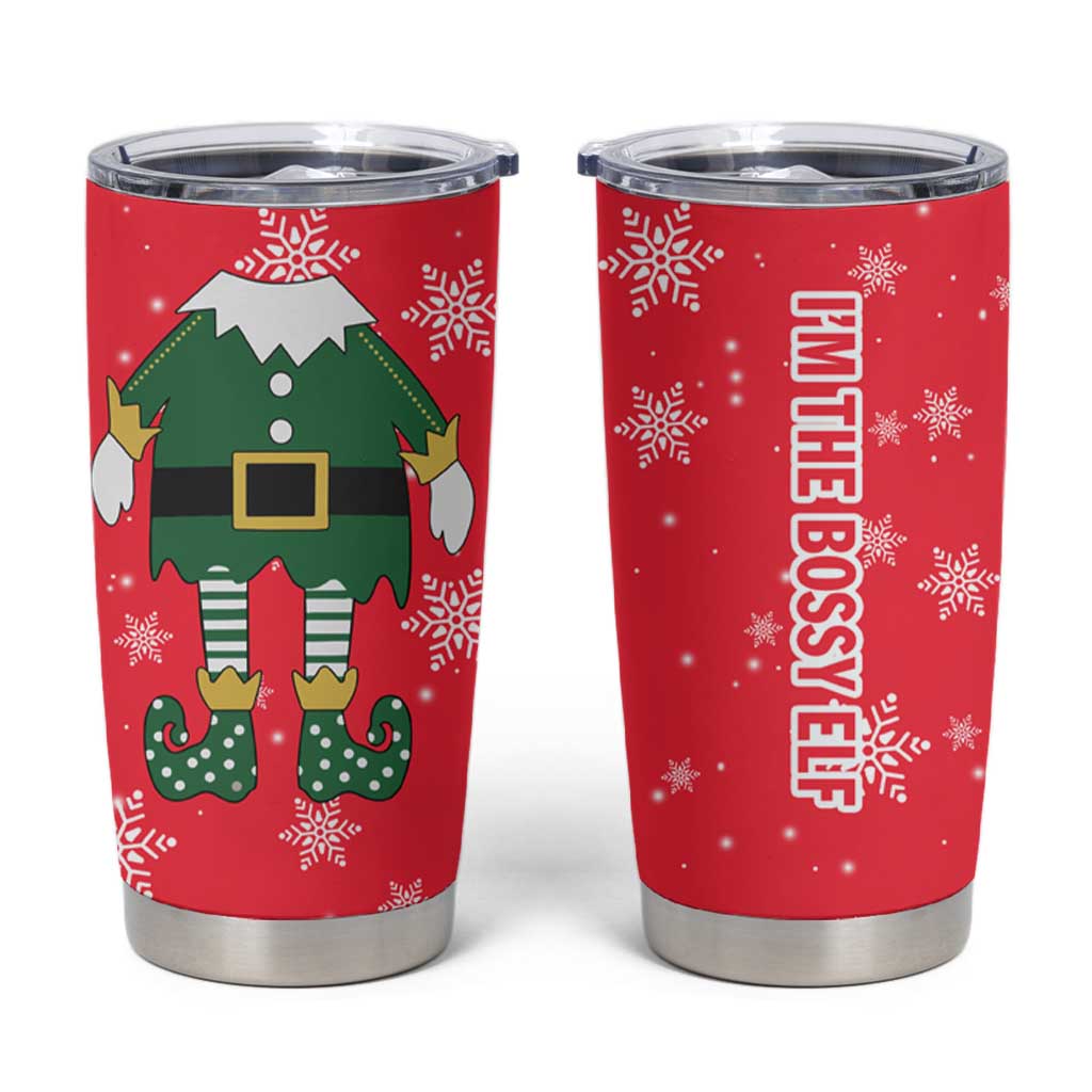 Bossy Elf Christmas Tumbler Cup with Snowflakes and Striped Sleeves - Wonder Print Shop