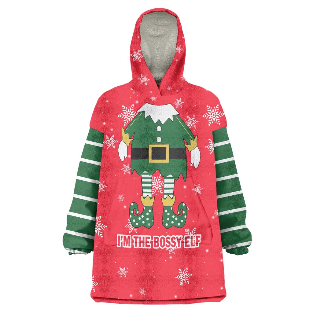 Bossy Elf Christmas Wearable Blanket Hoodie with Snowflakes and Striped Sleeves - Wonder Print Shop