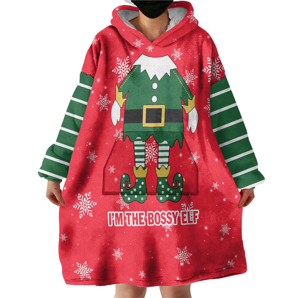 Bossy Elf Christmas Wearable Blanket Hoodie with Snowflakes and Striped Sleeves - Wonder Print Shop