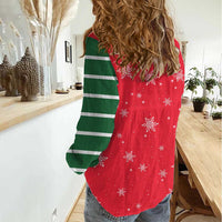 Bossy Elf Christmas Women Casual Shirt with Snowflakes and Striped Sleeves - Wonder Print Shop