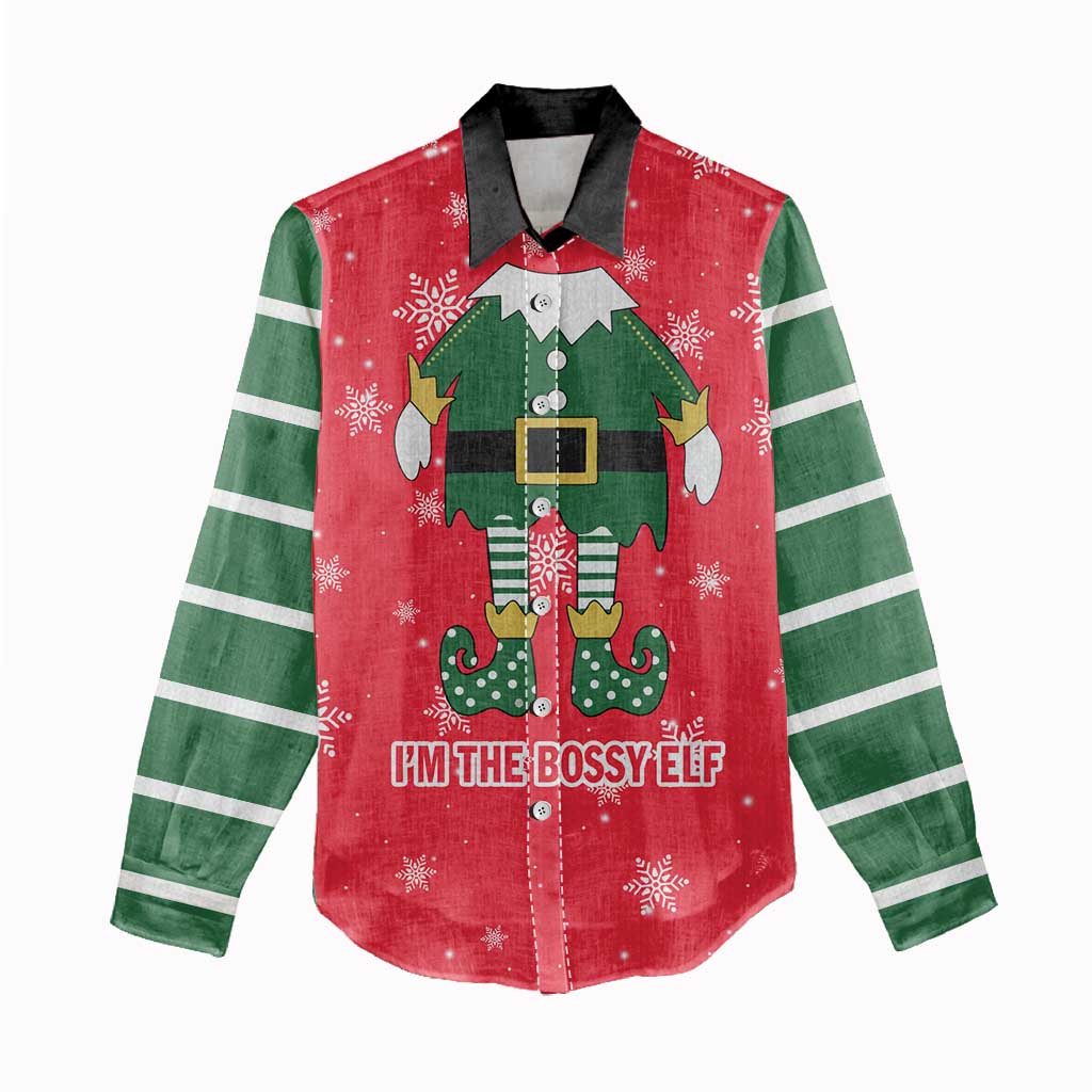 Bossy Elf Christmas Women Casual Shirt with Snowflakes and Striped Sleeves - Wonder Print Shop