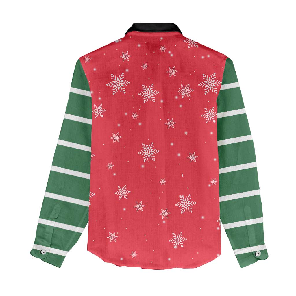 Bossy Elf Christmas Women Casual Shirt with Snowflakes and Striped Sleeves - Wonder Print Shop