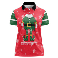 Bossy Elf Christmas Women Polo Shirt with Snowflakes and Striped Sleeves - Wonder Print Shop