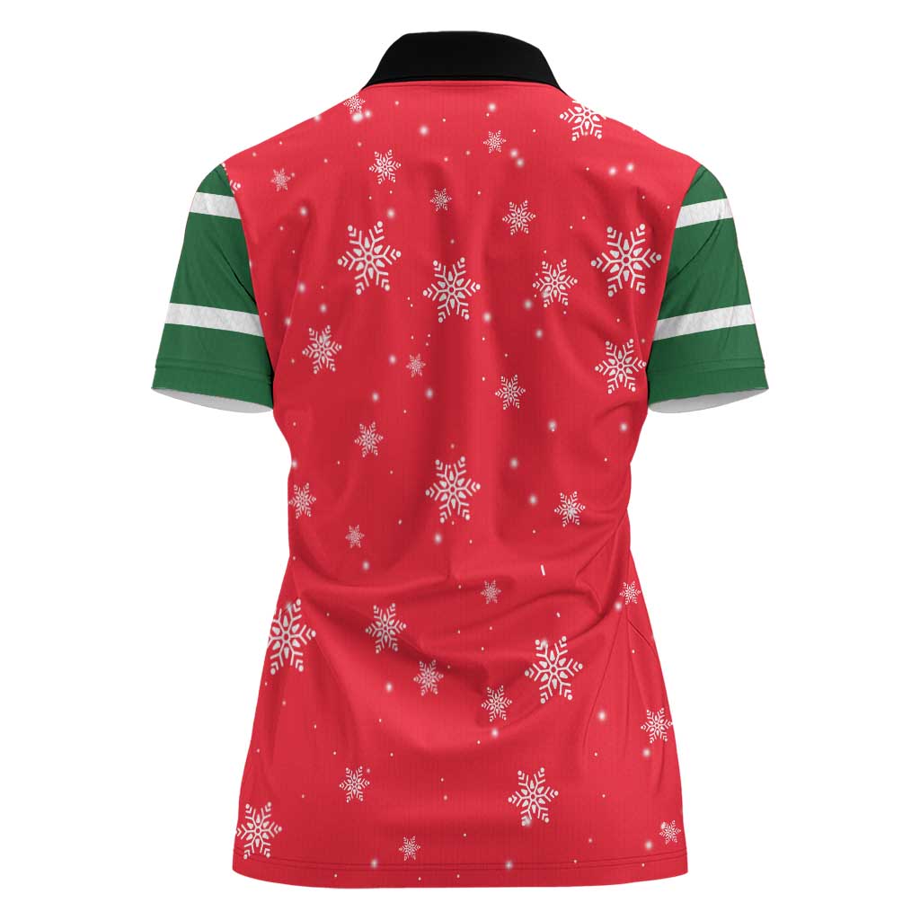 Bossy Elf Christmas Women Polo Shirt with Snowflakes and Striped Sleeves - Wonder Print Shop