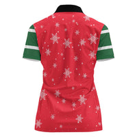 Bossy Elf Christmas Women Polo Shirt with Snowflakes and Striped Sleeves - Wonder Print Shop