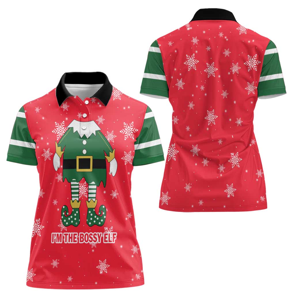 Bossy Elf Christmas Women Polo Shirt with Snowflakes and Striped Sleeves - Wonder Print Shop