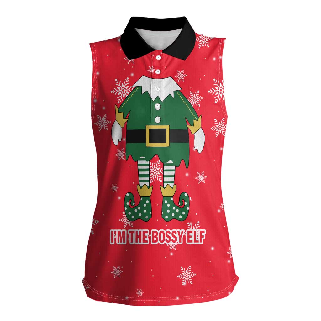 Bossy Elf Christmas Women Sleeveless Polo Shirt with Snowflakes and Striped Sleeves - Wonder Print Shop