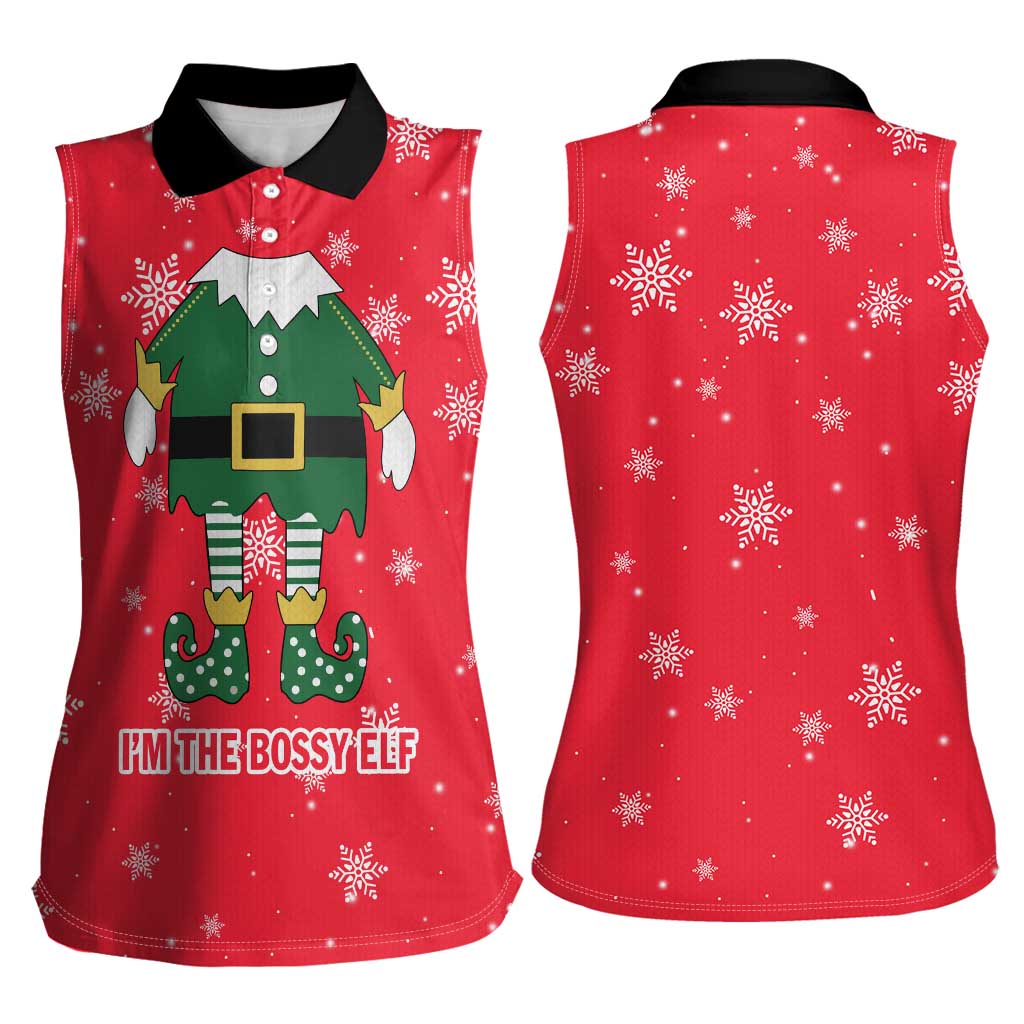 Bossy Elf Christmas Women Sleeveless Polo Shirt with Snowflakes and Striped Sleeves - Wonder Print Shop