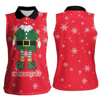 Bossy Elf Christmas Women Sleeveless Polo Shirt with Snowflakes and Striped Sleeves - Wonder Print Shop