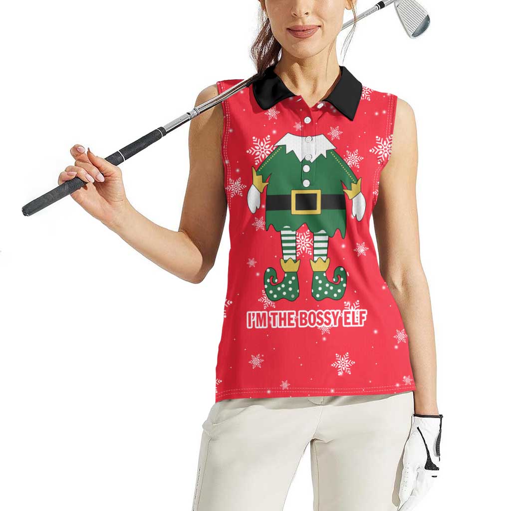 Bossy Elf Christmas Women Sleeveless Polo Shirt with Snowflakes and Striped Sleeves - Wonder Print Shop