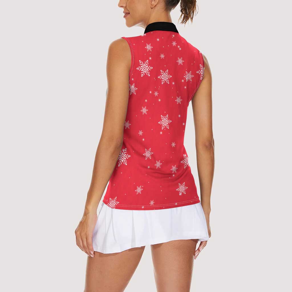 Bossy Elf Christmas Women Sleeveless Polo Shirt with Snowflakes and Striped Sleeves - Wonder Print Shop