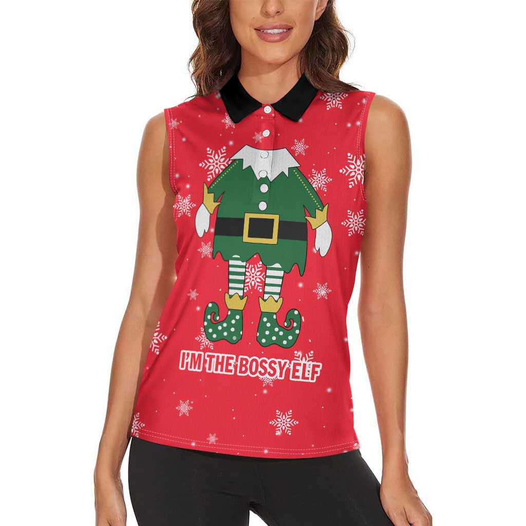 Bossy Elf Christmas Women Sleeveless Polo Shirt with Snowflakes and Striped Sleeves - Wonder Print Shop