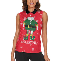 Bossy Elf Christmas Women Sleeveless Polo Shirt with Snowflakes and Striped Sleeves - Wonder Print Shop