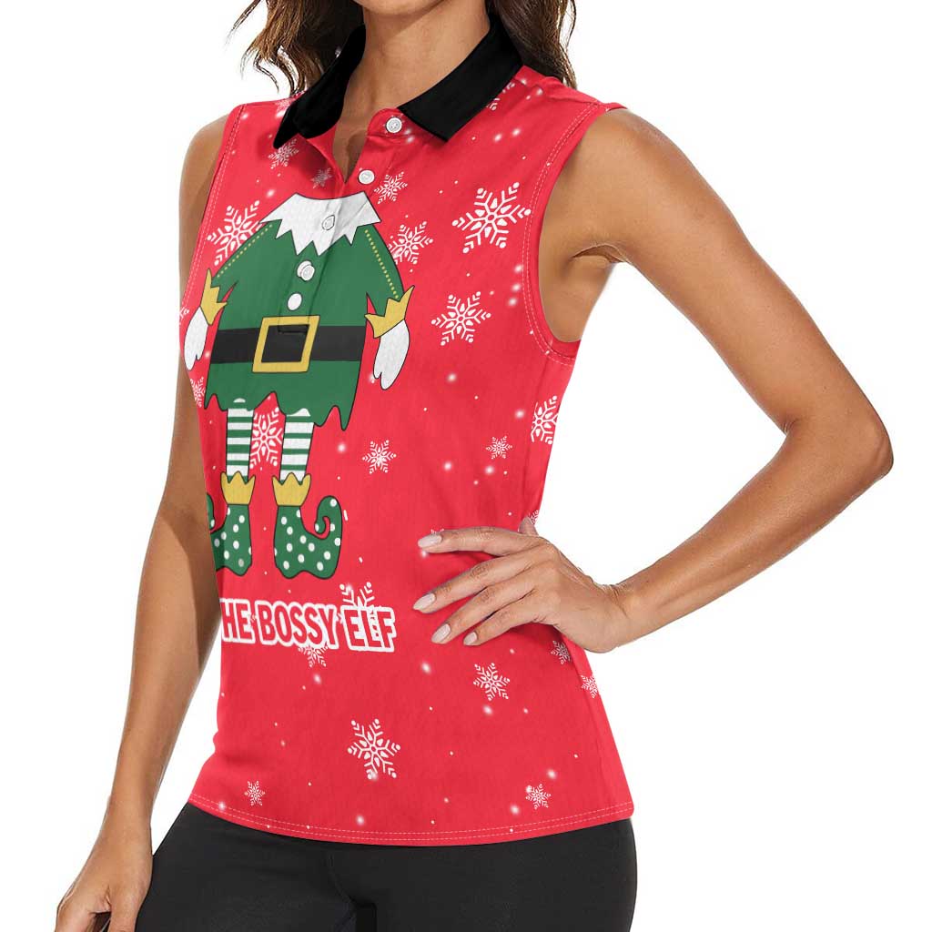 Bossy Elf Christmas Women Sleeveless Polo Shirt with Snowflakes and Striped Sleeves - Wonder Print Shop