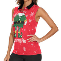 Bossy Elf Christmas Women Sleeveless Polo Shirt with Snowflakes and Striped Sleeves - Wonder Print Shop