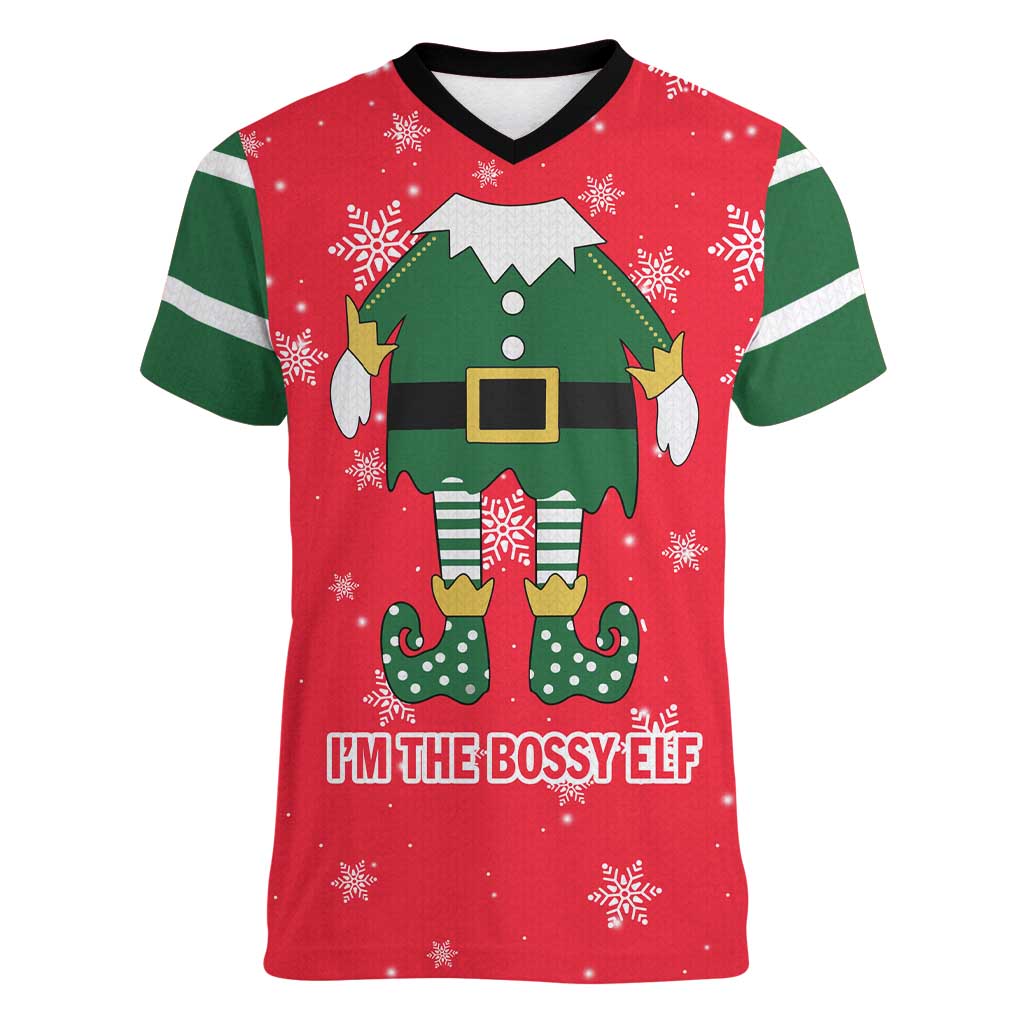 Bossy Elf Christmas Women V-Neck T-Shirt with Snowflakes and Striped Sleeves - Wonder Print Shop