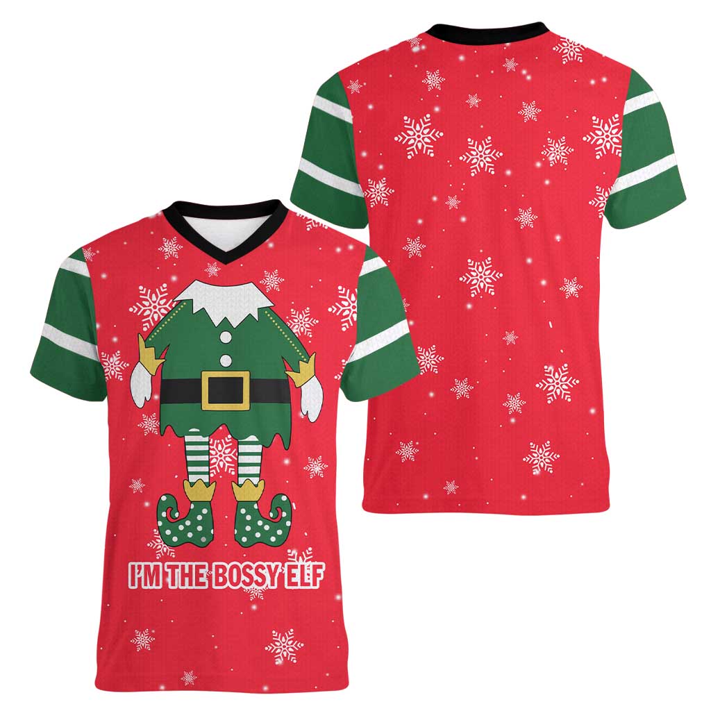 Bossy Elf Christmas Women V-Neck T-Shirt with Snowflakes and Striped Sleeves - Wonder Print Shop