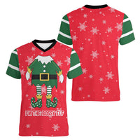 Bossy Elf Christmas Women V-Neck T-Shirt with Snowflakes and Striped Sleeves - Wonder Print Shop