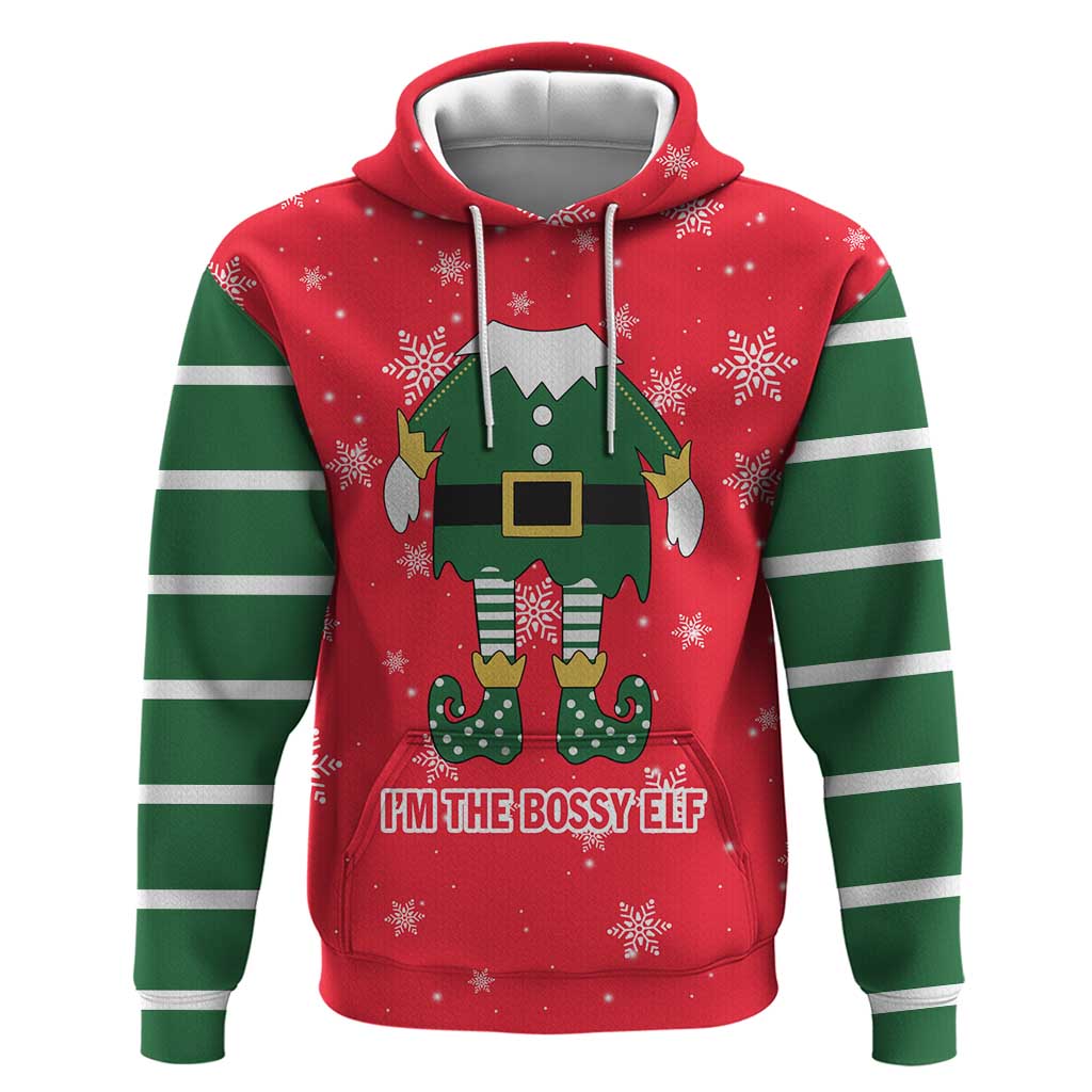 Bossy Elf Christmas Zip Hoodie with Snowflakes and Striped Sleeves - Wonder Print Shop